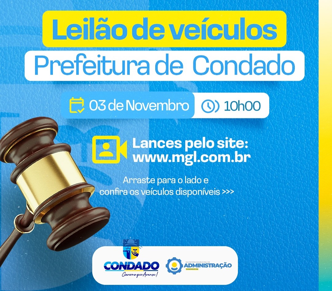 Municpio de Condado divulga realizao de leilo de veculos